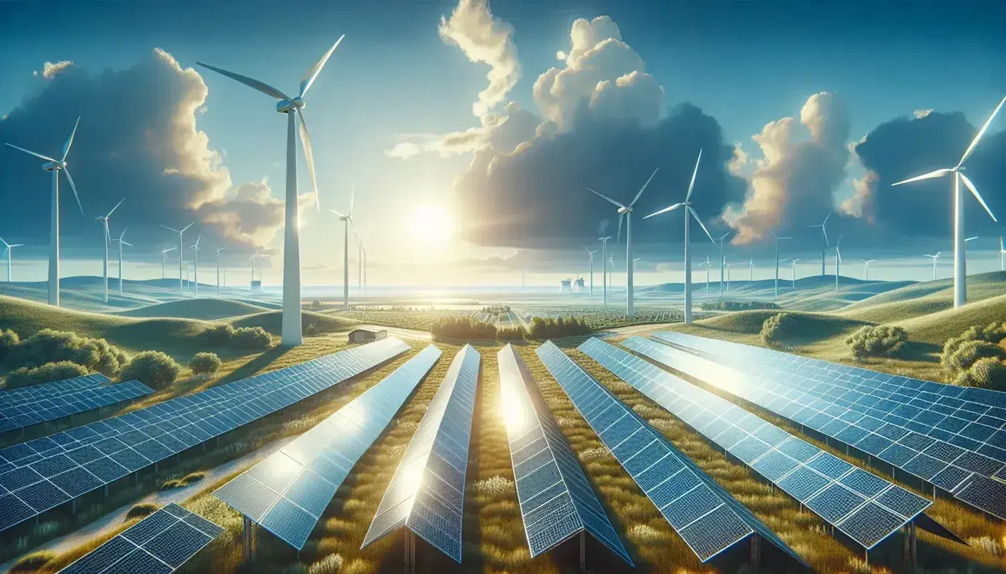 Paesaggio con campo di pannelli solari, fila di turbine eoliche e impianto geotermico tra vegetazione, simboli di energie rinnovabili.