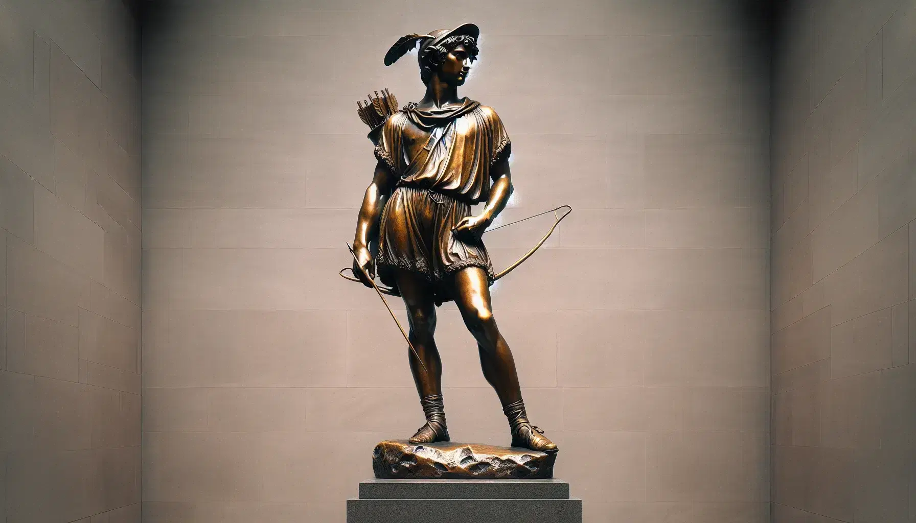 Statua in bronzo di giovane uomo con cappello piumato e fionda, appoggiato a roccia, su base marmorea grigia.