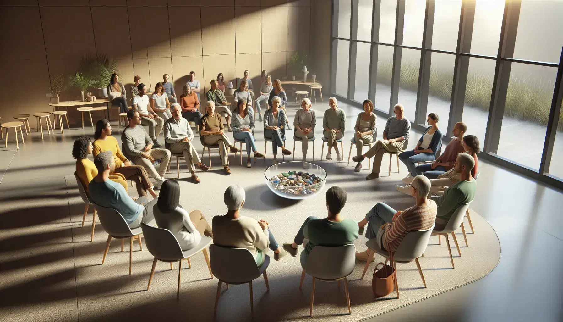 Multi-ethnic group of adults sitting in a circle in a modern community center, engaging in active discussion with natural light.