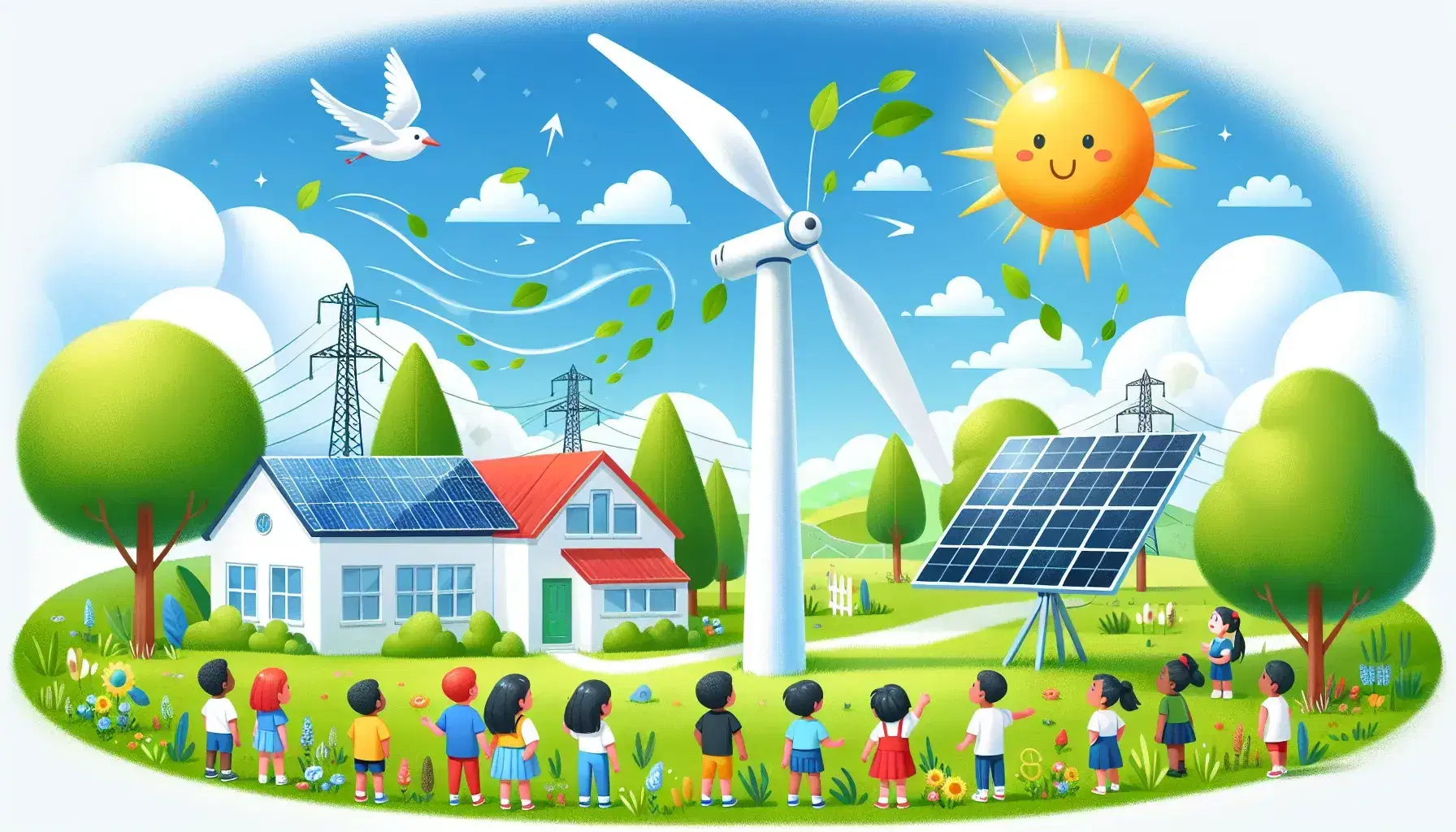 Energia rinnovabile rappresentata da una turbina eolica, pannello solare, casa collegata e bambini osservanti su sfondo cielo azzurro.