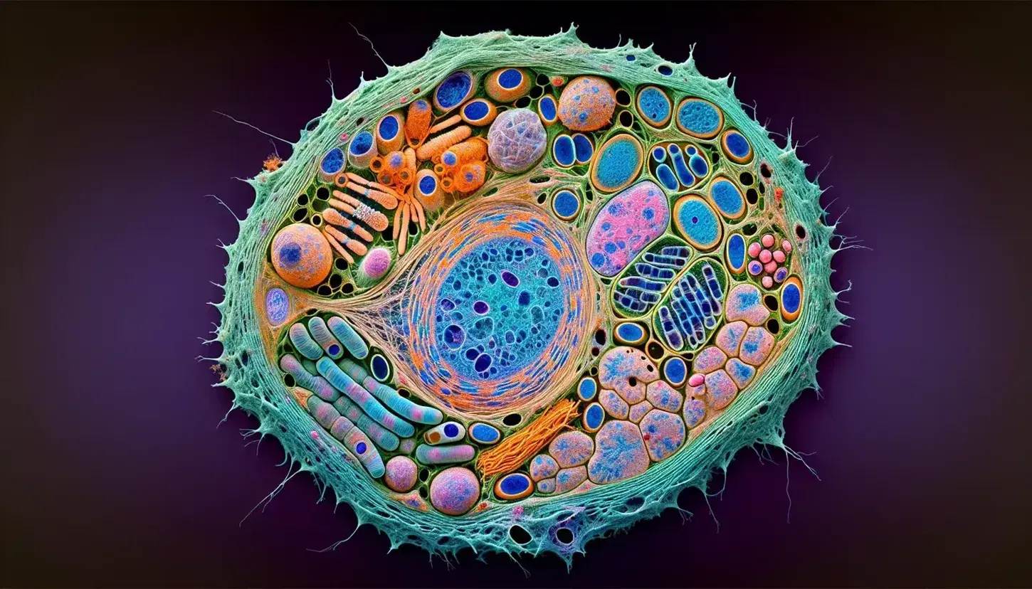 Vista microscópica de célula eucariota con núcleo azul, citoplasma verde claro, mitocondrias rojas, retículo endoplásmico amarillo y membrana plasmática rosa-morado.