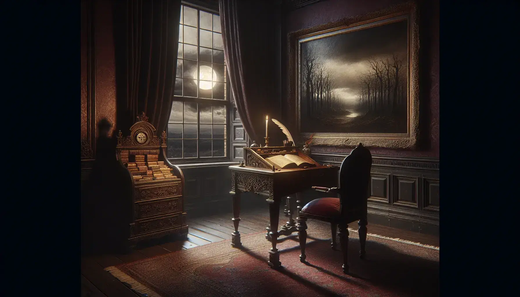 Antique writing desk with open book, inkwell, and quill under moonlight in a dark room with ornate chair, Persian rug, and landscape painting.