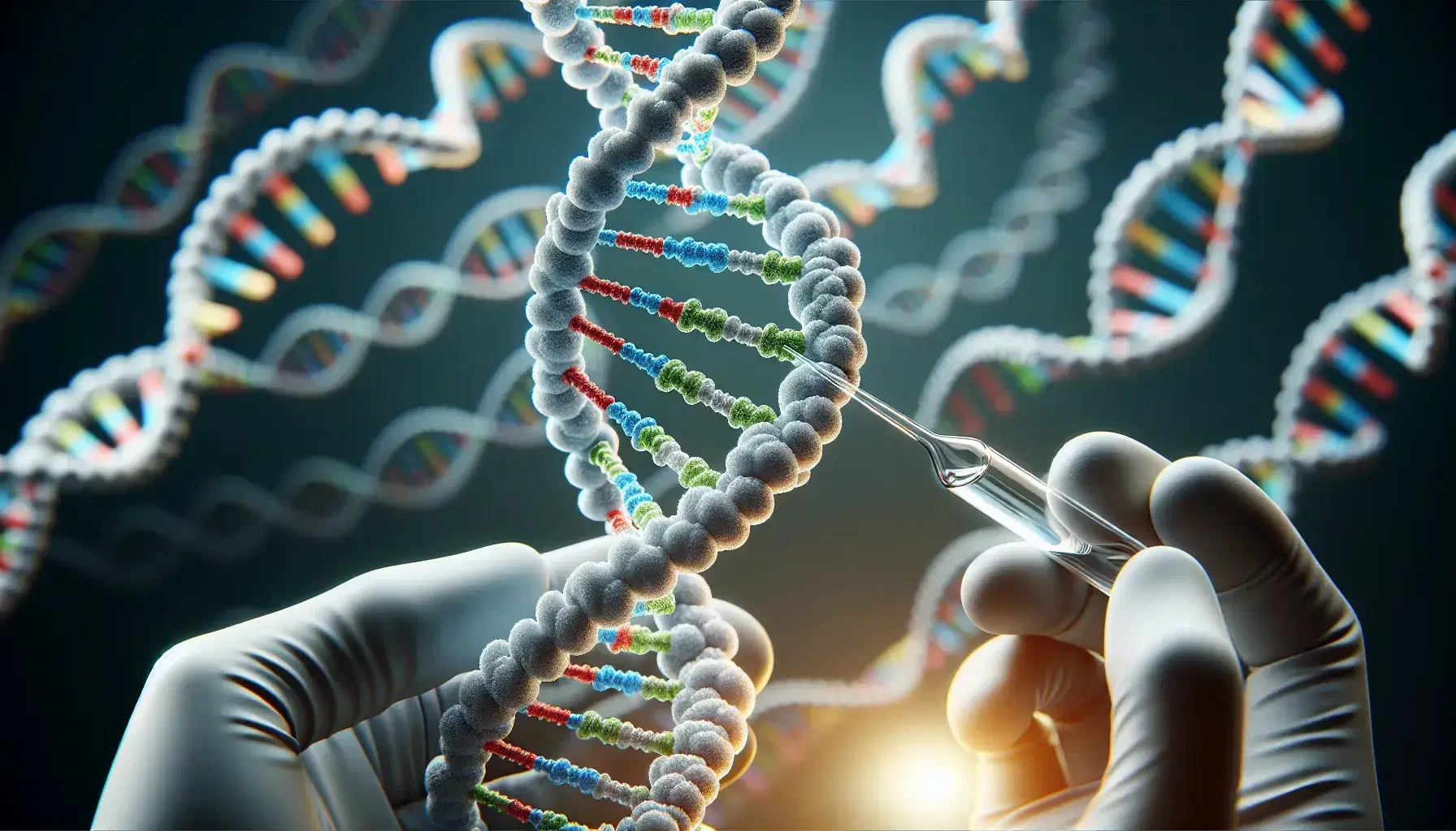 Close-up view of a DNA double helix with colored base pairs and a gloved hand holding a pipette, against a soft-hued, blurred background.