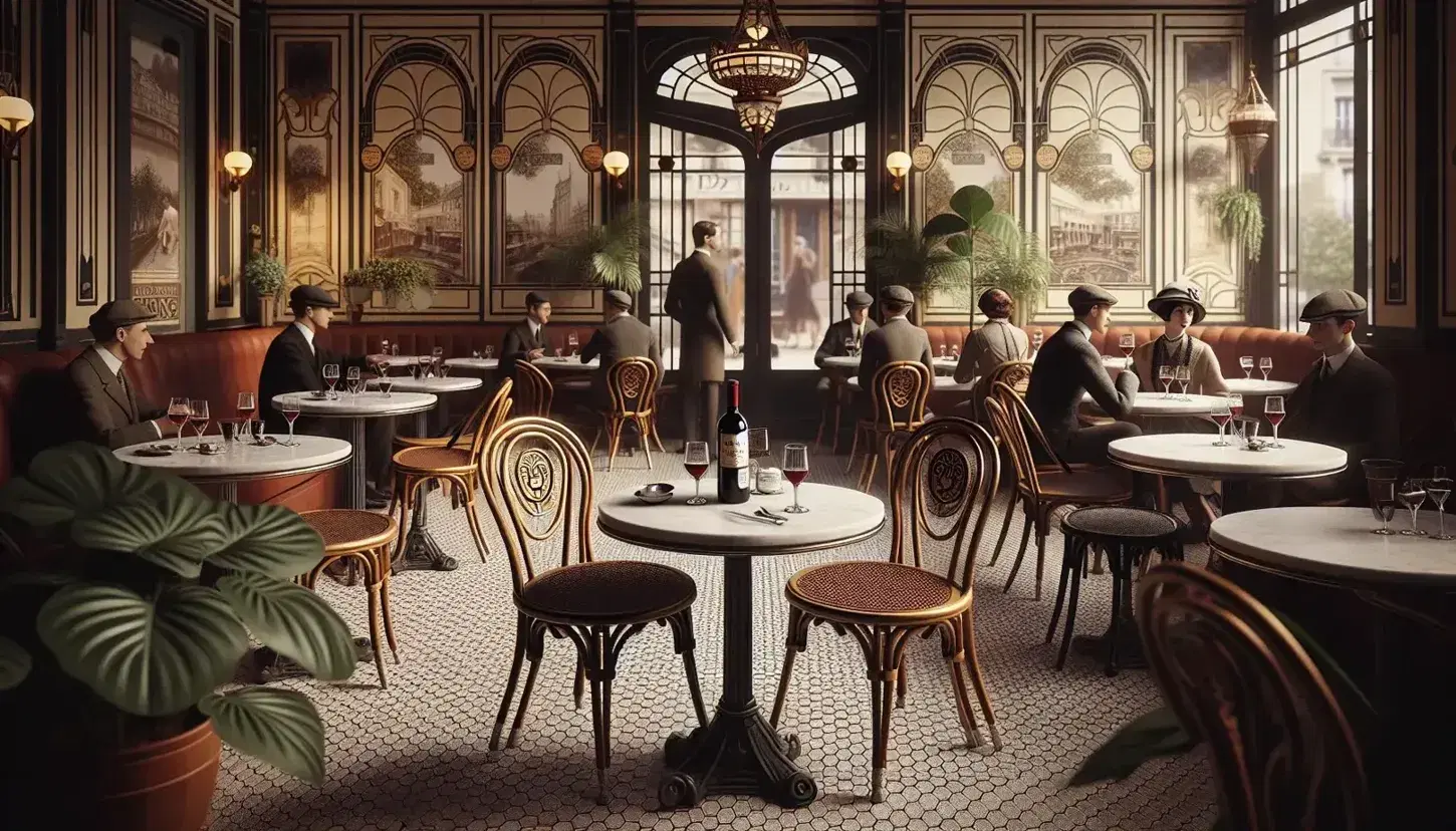 1920s Parisian café scene with Art Deco interior, unoccupied bistro table with wine glasses, and patrons in vintage attire, reflecting a Hemingway-esque ambiance.