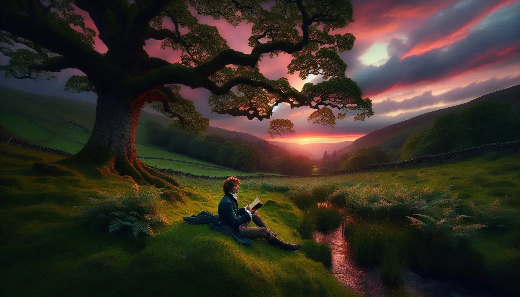 Paesaggio naturale al crepuscolo con quercia maestosa, giovane uomo in abiti d'epoca legge un libro seduto sull'erba, cielo dai colori caldi.