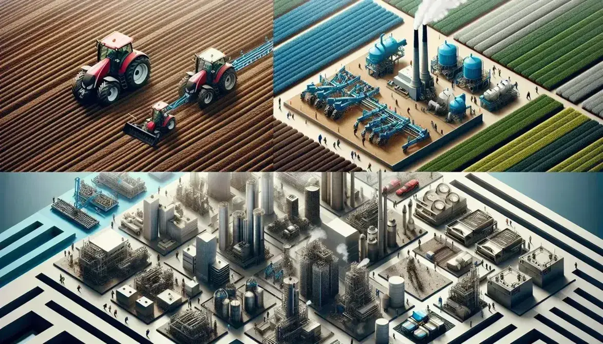 Vista aérea de collage con cuatro sectores económicos: campo agrícola con tractor, fábrica con chimeneas, zona urbana con edificios y oficina con laboratorio y computadora.