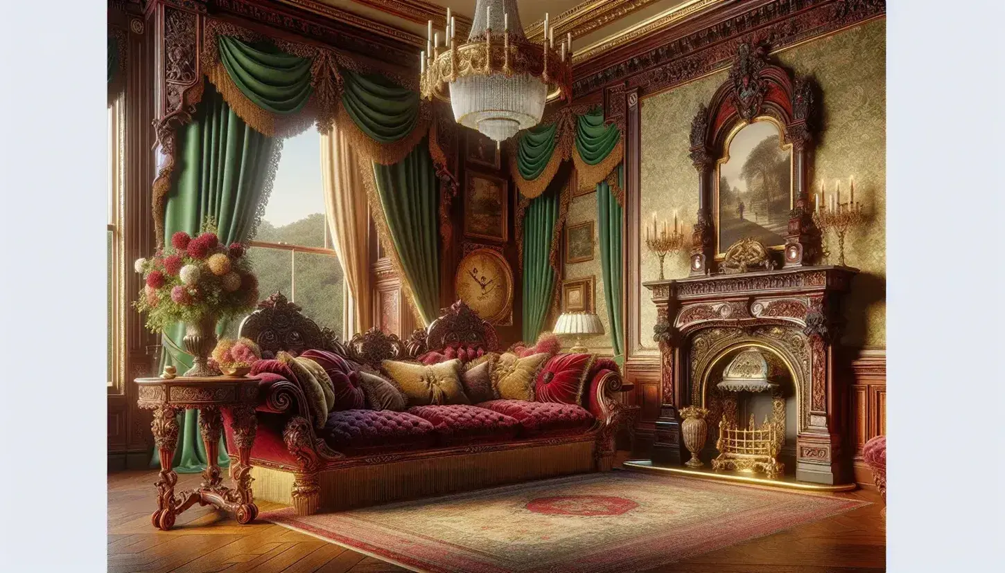 Opulent late 19th-century drawing room with Victorian sofa, heavy green drapes, floral wallpaper, mahogany side table, grand fireplace, and crystal chandelier.