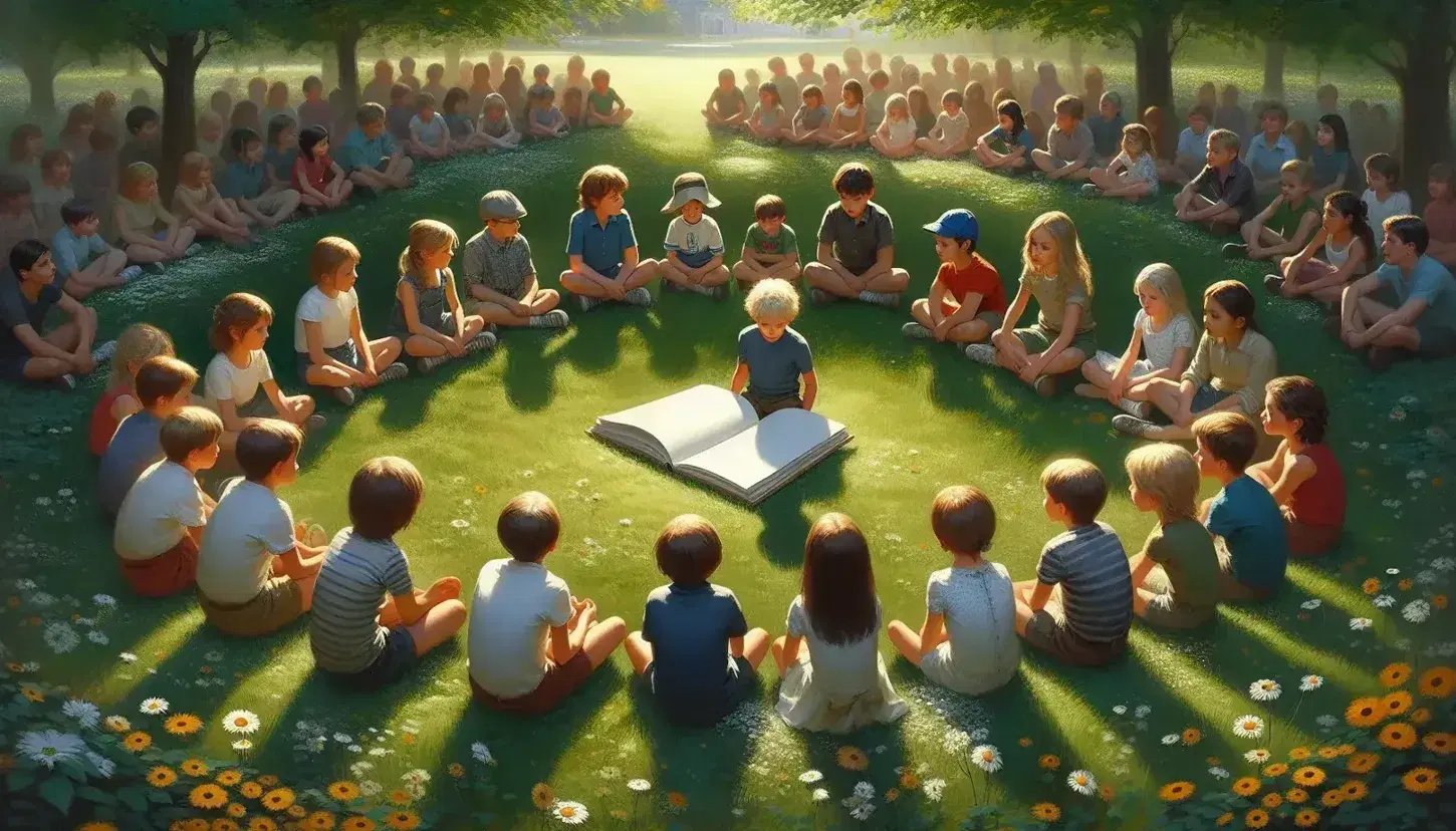 Bambini seduti in cerchio su un prato verde ascoltano una storia da un libro aperto senza testo, circondati da alberi e fiori in un parco soleggiato.