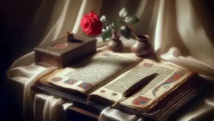 Manoscritto antico su leggio in legno scuro con pagine pergamena, iniziali decorate e penna d'oca accanto, rosa rossa su seta avorio.