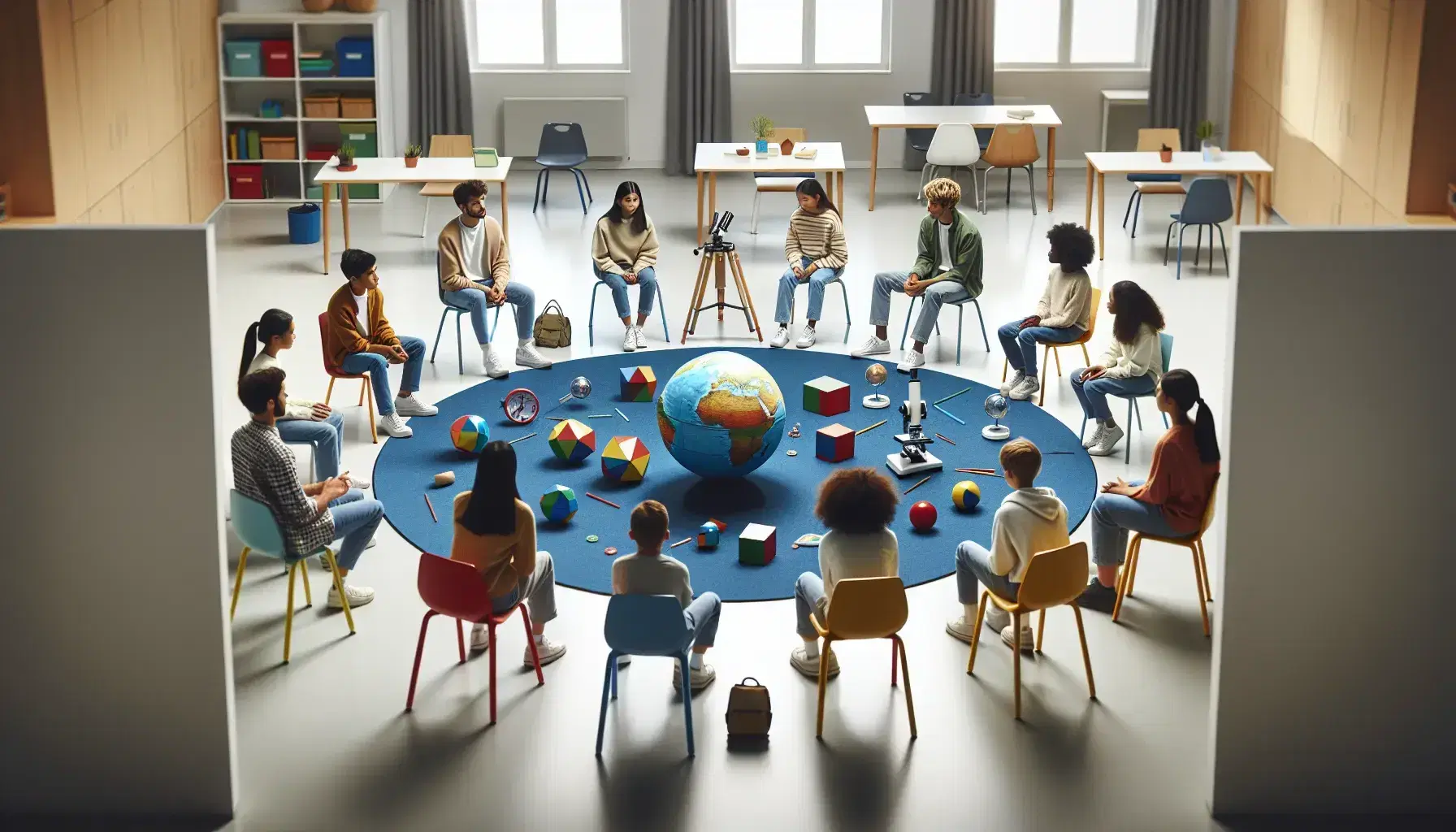 Studenti multietnici seduti in cerchio su sedie colorate in aula luminosa, interagiscono con oggetti didattici come un globo e solidi geometrici.