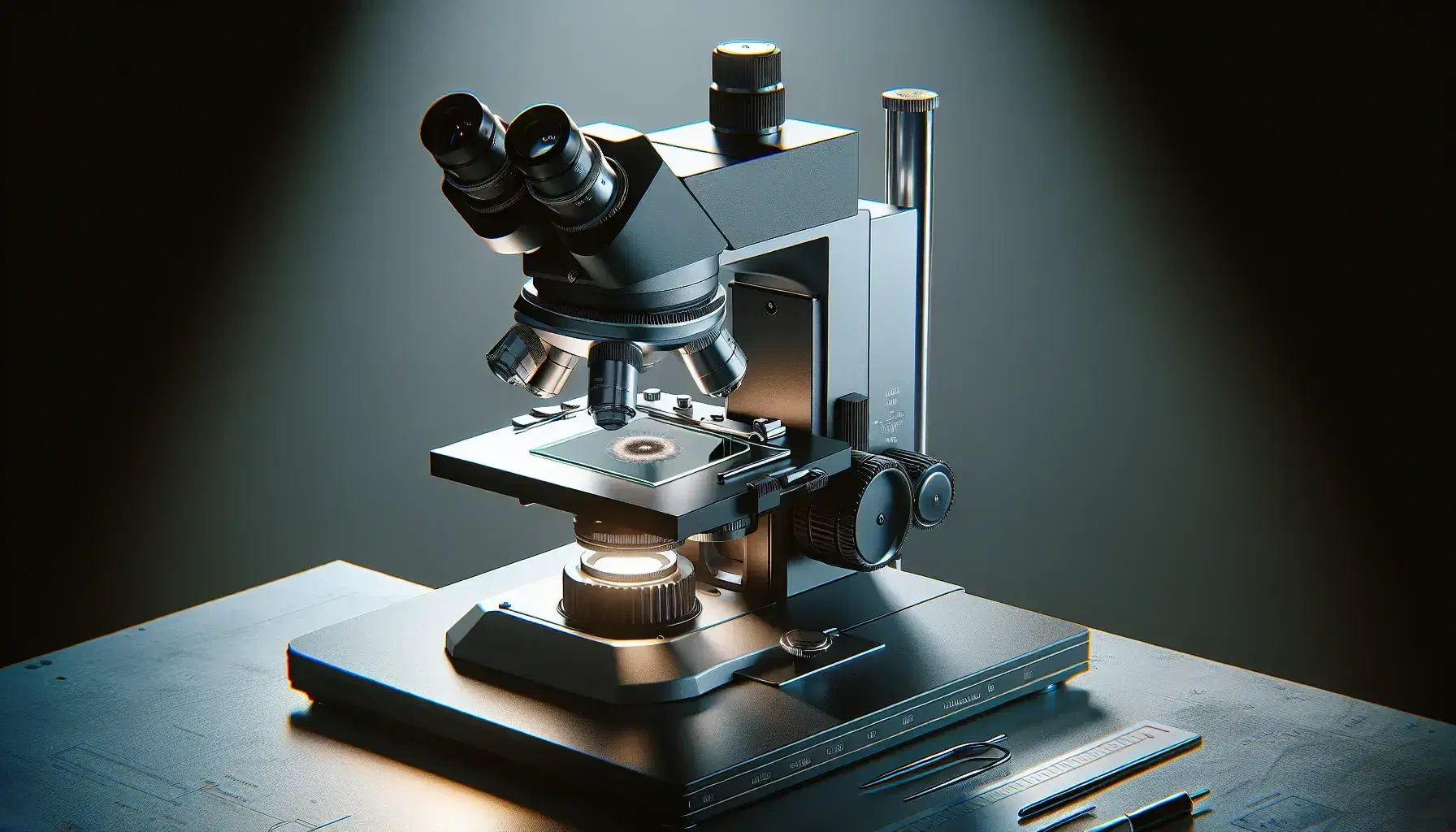 Microscopio óptico moderno en primer plano con objetivos enfocados, escenario con portaobjetos y muestra biológica iluminada.
