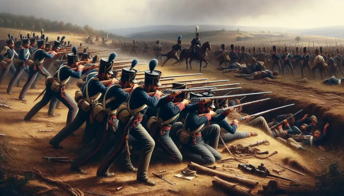 Soldati piemontesi in uniforme con giacche blu e pantaloni rossi combattono con fucili e baionette nella Battaglia di Cernaia.
