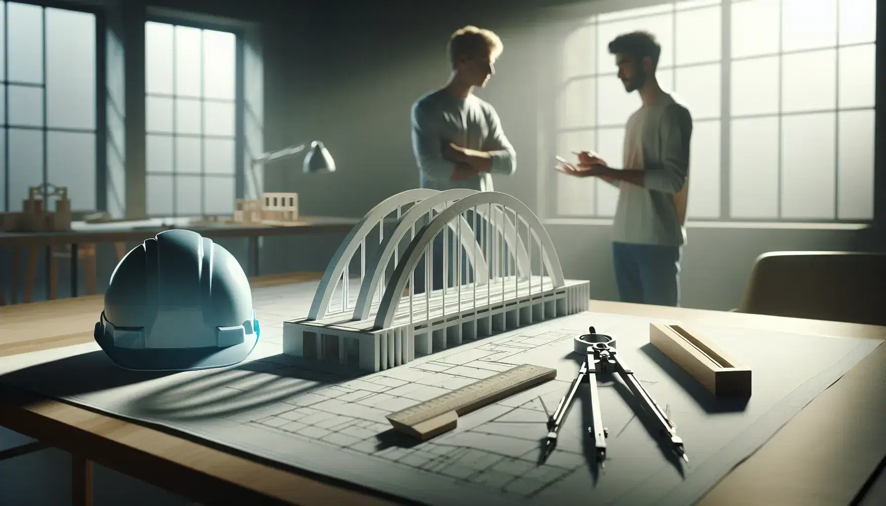 Mesa de trabajo con modelo tridimensional de puente blanco, casco de seguridad azul y herramientas de precisión, con dos personas discutiendo en segundo plano.
