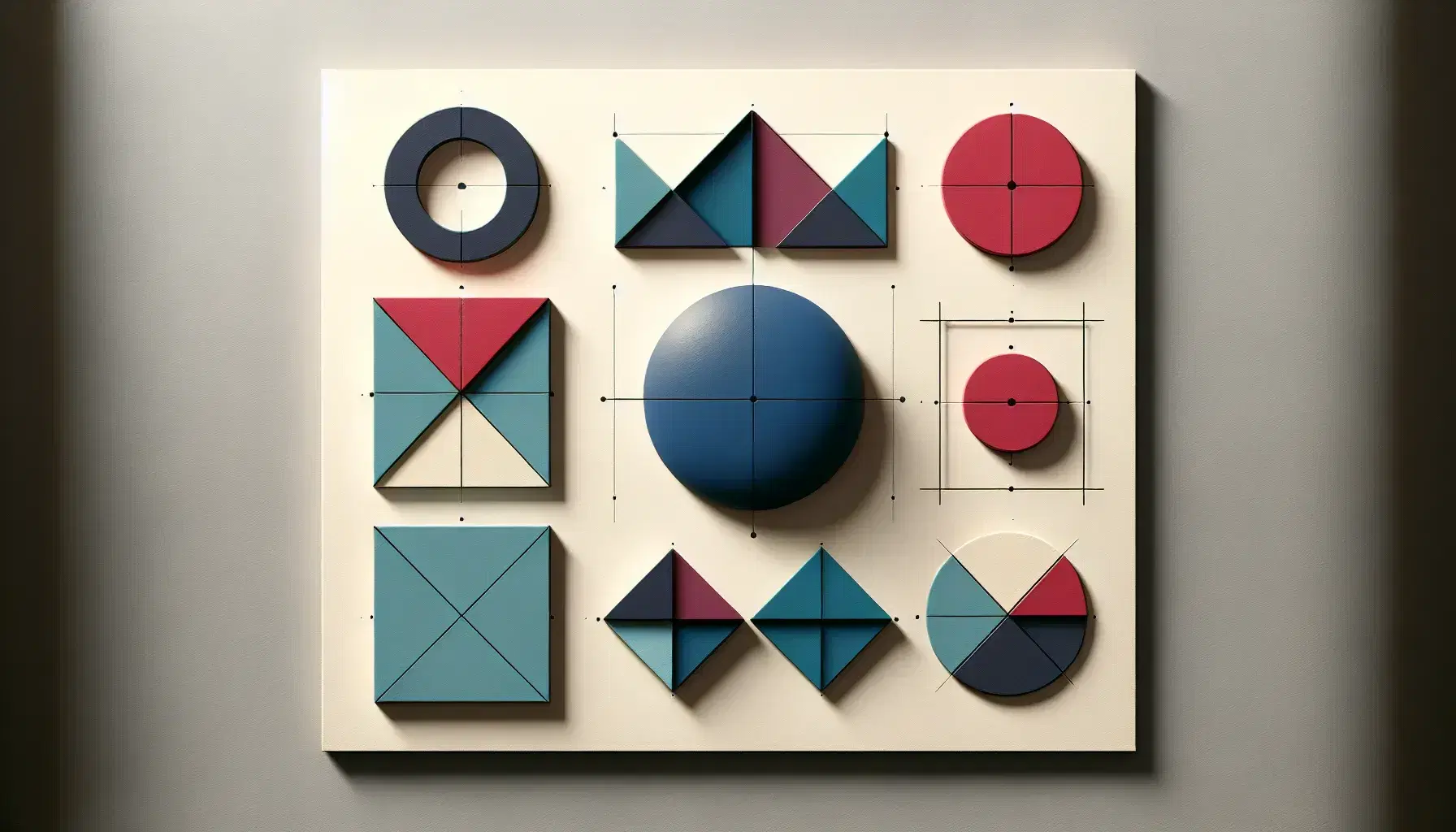 Collection of geometric shapes on a neutral surface featuring a blue circle, red equilateral triangle, green square, purple hexagon, and a pattern of tessellated pentagons and orange fish glide symmetry.