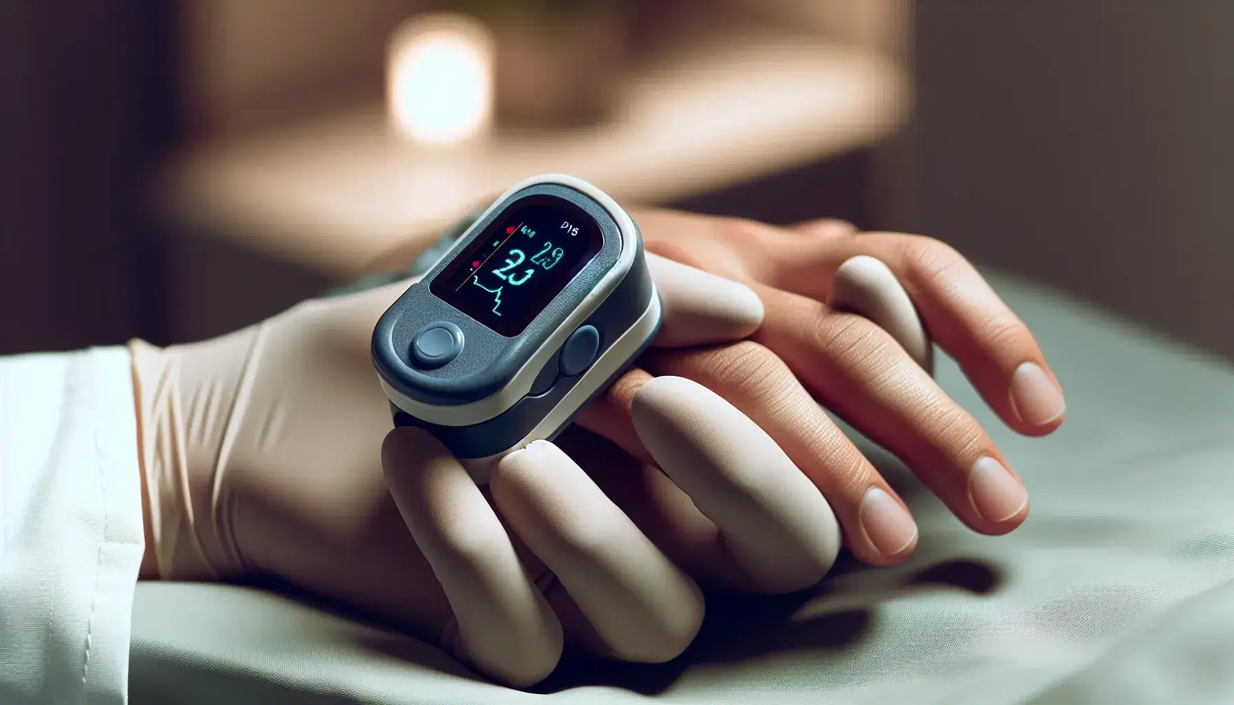 Mano guantata di un professionista sanitario applica un pulsossimetro blu scuro sul dito indice di un paziente per misurare saturazione e frequenza cardiaca.