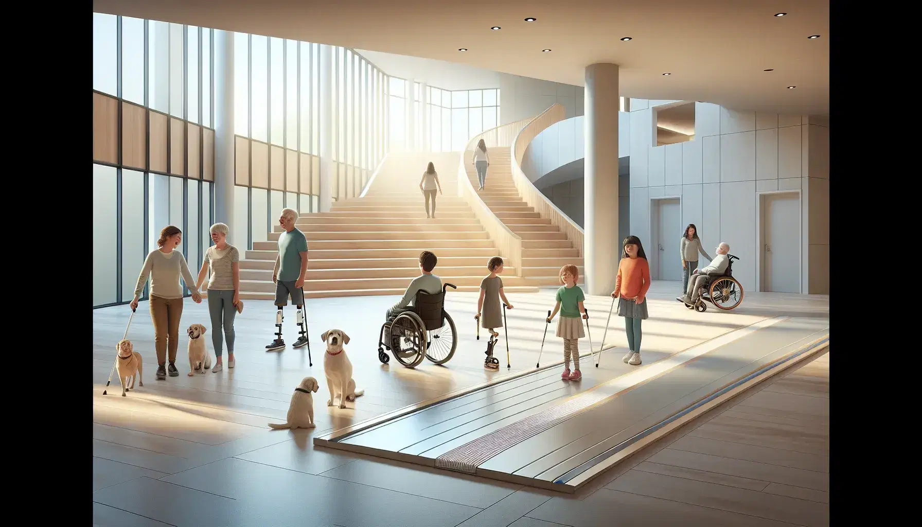 Gruppo di persone con disabilità in edificio moderno con rampa accessibile, luce naturale e cane guida, promuovendo inclusività.