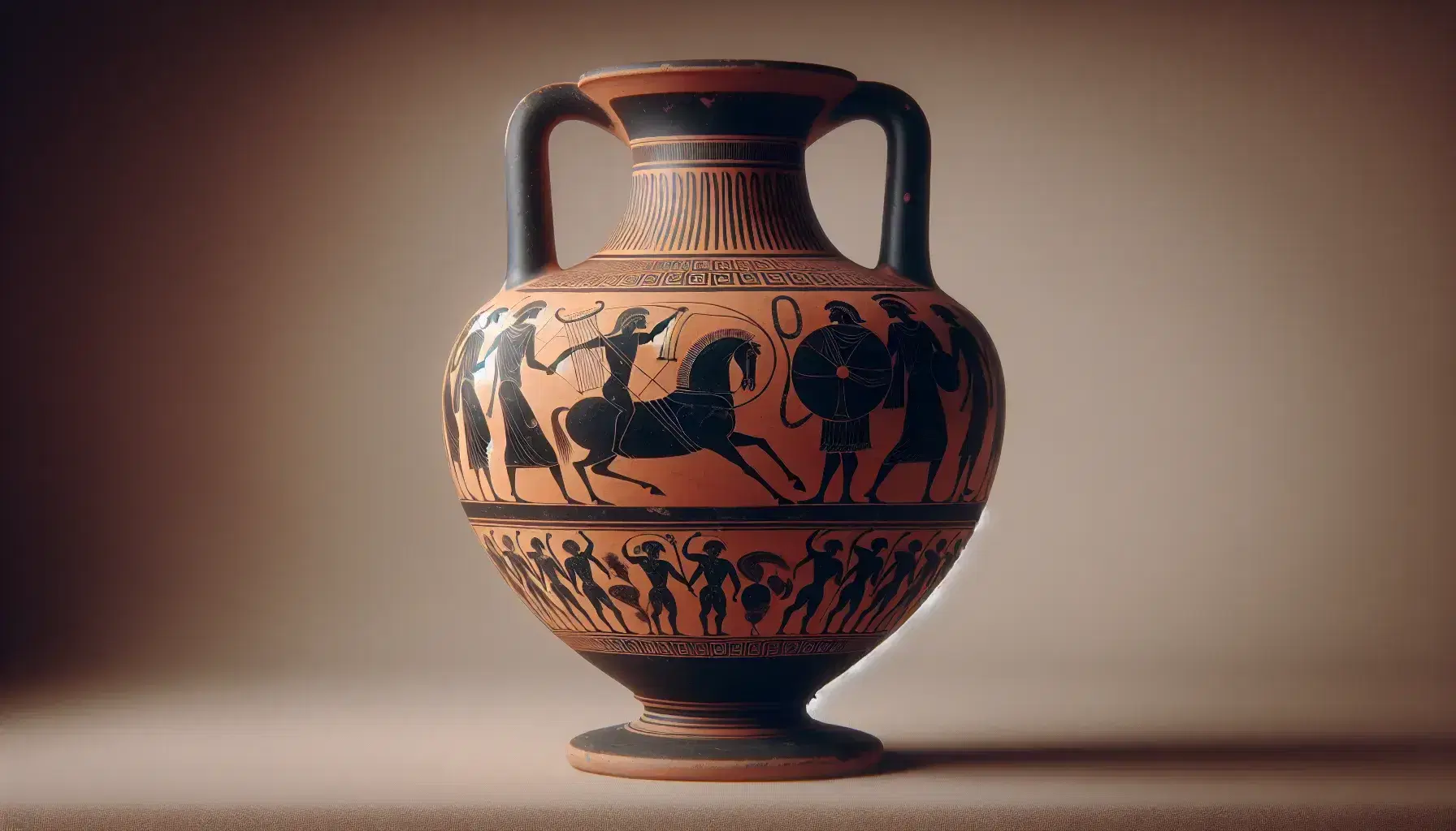 Ancient Greek amphora with black figure style decorations depicting scenes of daily life, athletes and mythological creatures on a beige background.