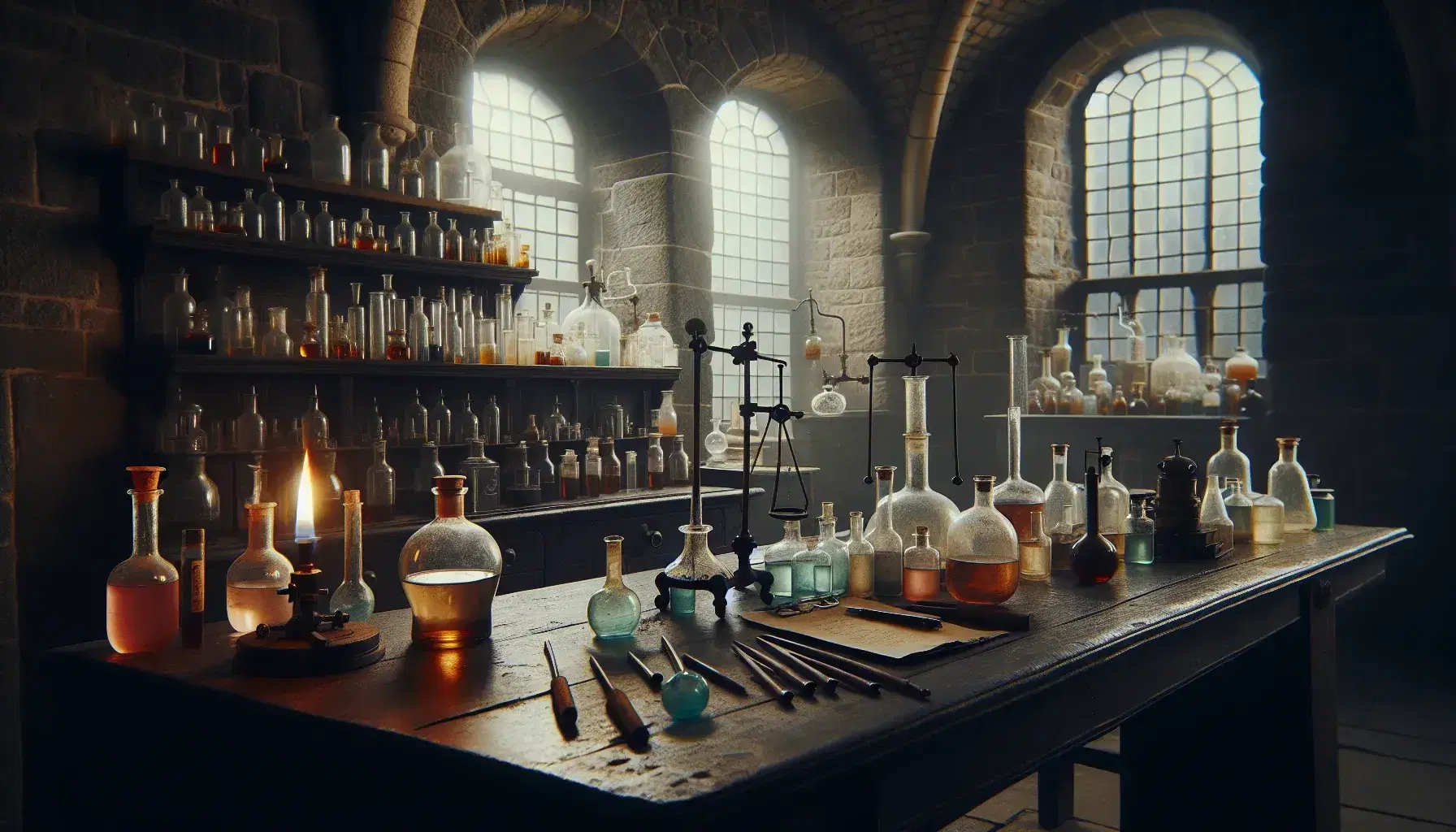 Laboratorio antiguo con mesa de madera, instrumentos de época, frascos de líquidos coloridos, quemador Bunsen y figura humana examinando un microscopio.