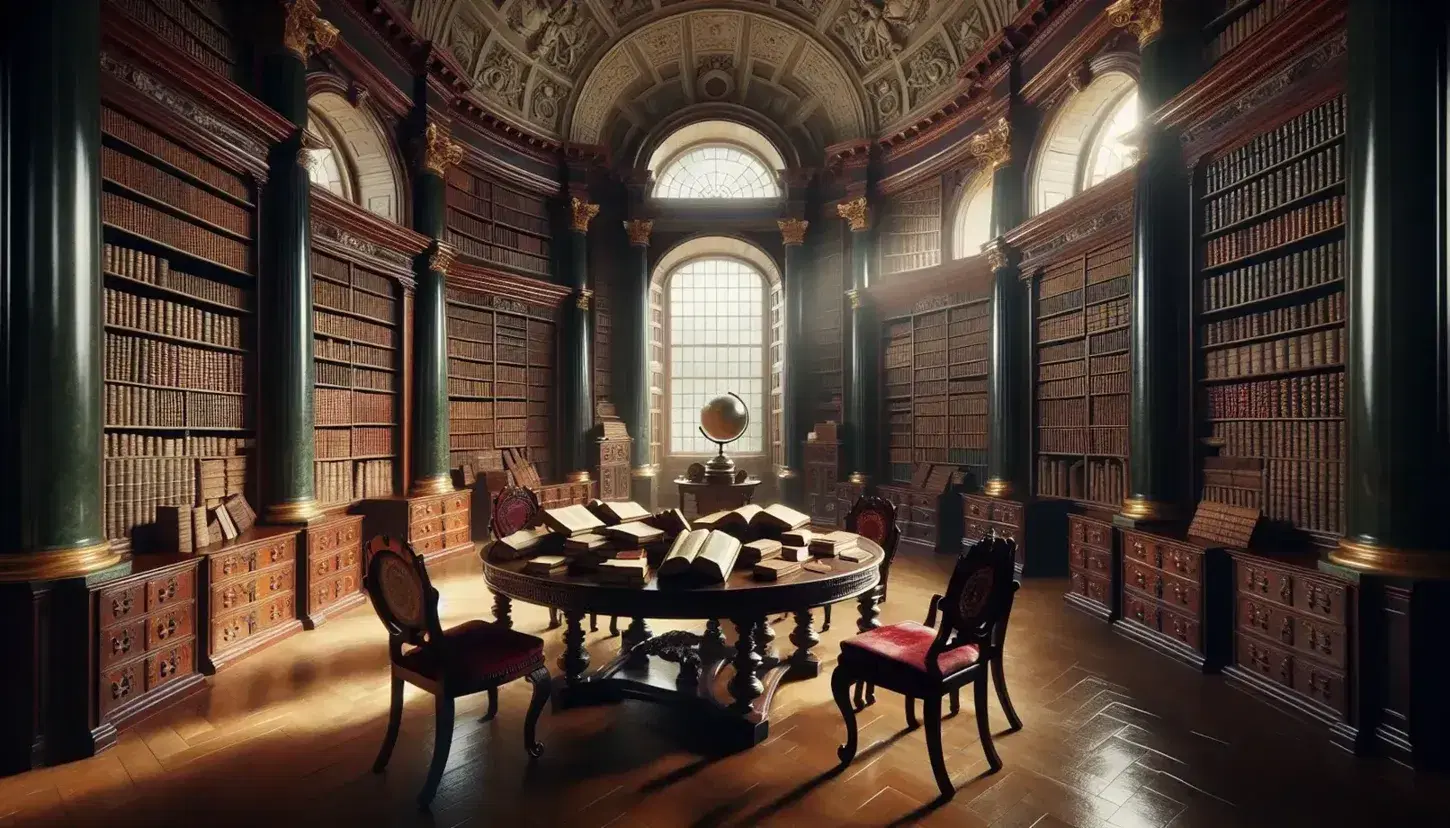Biblioteca dell'epoca dell'Illuminismo con tavolo ovale, sedie in velluto rosso, scaffali pieni di libri antichi, globo e telescopio vintage.