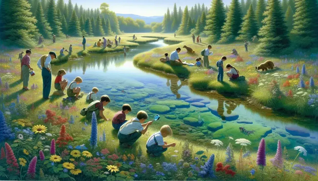 Natural landscape with green meadow, colorful wildflowers, children exploring a serene stream and lush forest in the background.