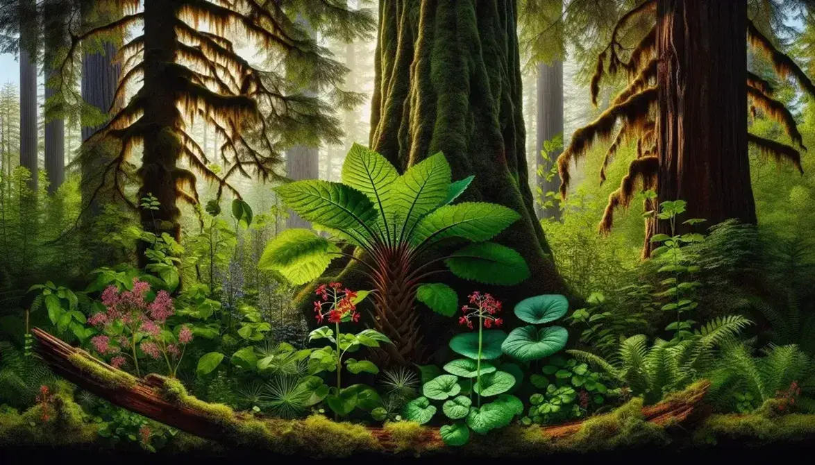 Lush forest ecosystem cross-section with a fern, red-flowered plant, mossy log, purple wildflowers, and a towering tree with a leafy canopy.