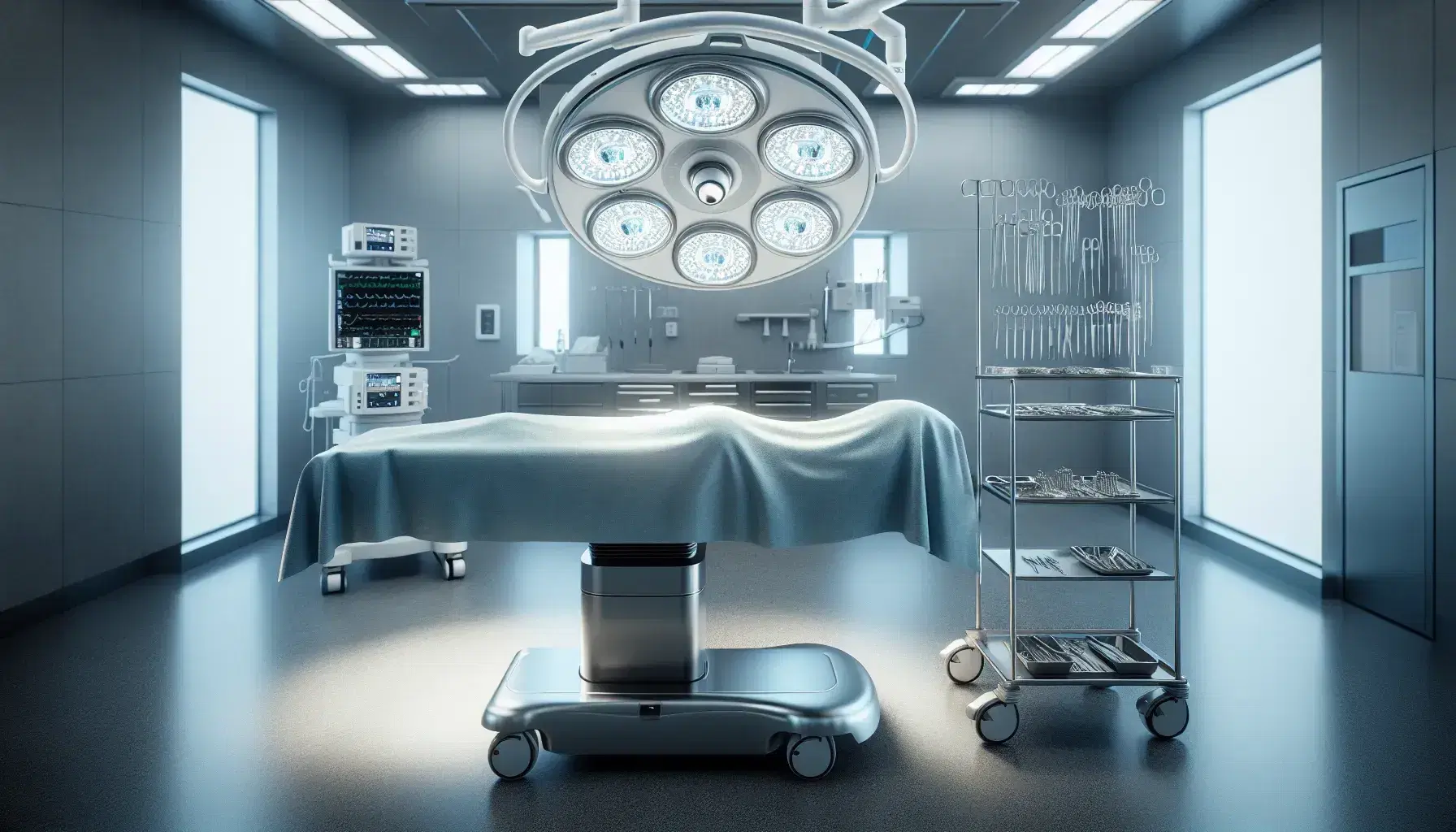 Sala de operaciones moderna con mesa quirúrgica cubierta por sábana azul, lámpara quirúrgica LED y anestesiólogo junto a máquina de anestesia.