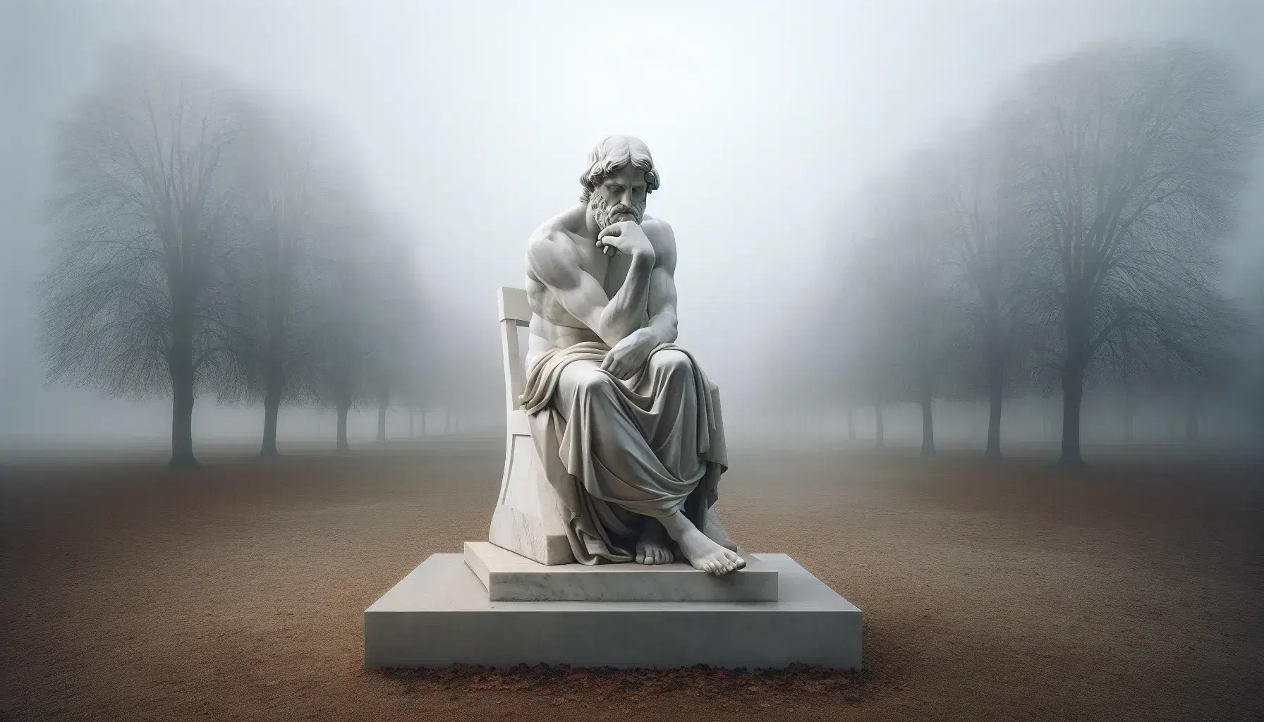 Statua in marmo bianco di filosofo seduto su sedia di pietra con mano al mento e libro aperto sulle ginocchia in parco nebbioso.