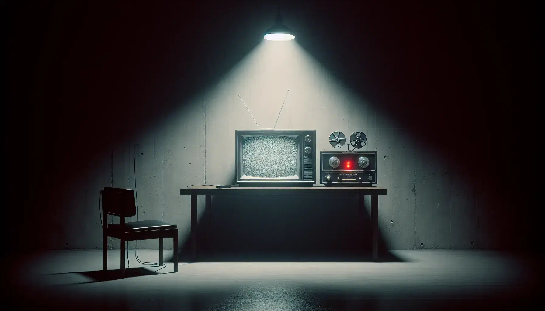 Austere room with soft light, wooden table with black and white TV and reel-to-reel tape recorder turned on, empty chair, concrete walls.