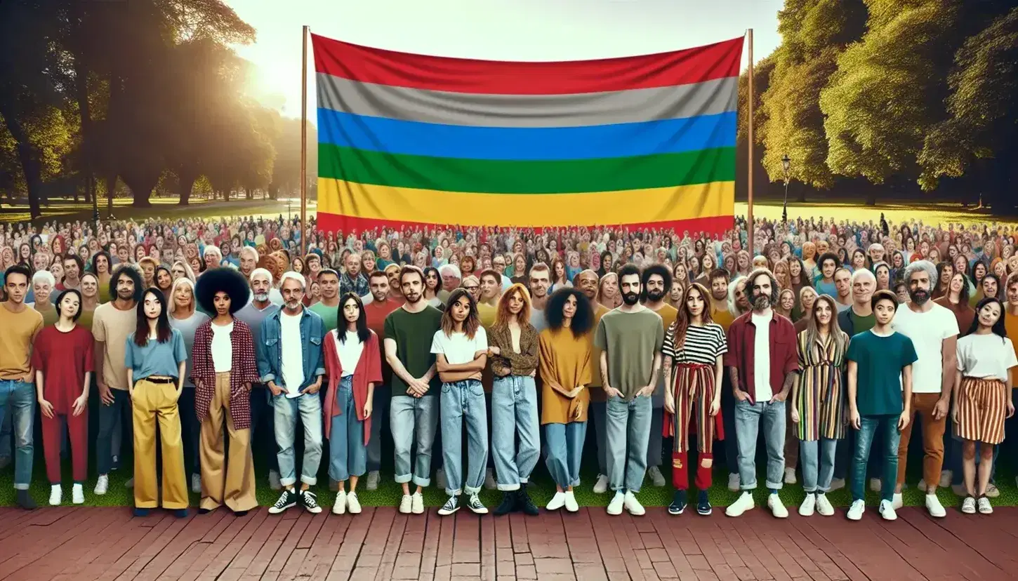 Grupo diverso de personas celebrando con una bandera de arcoíris en un parque soleado, reflejando inclusión y diversidad cultural.