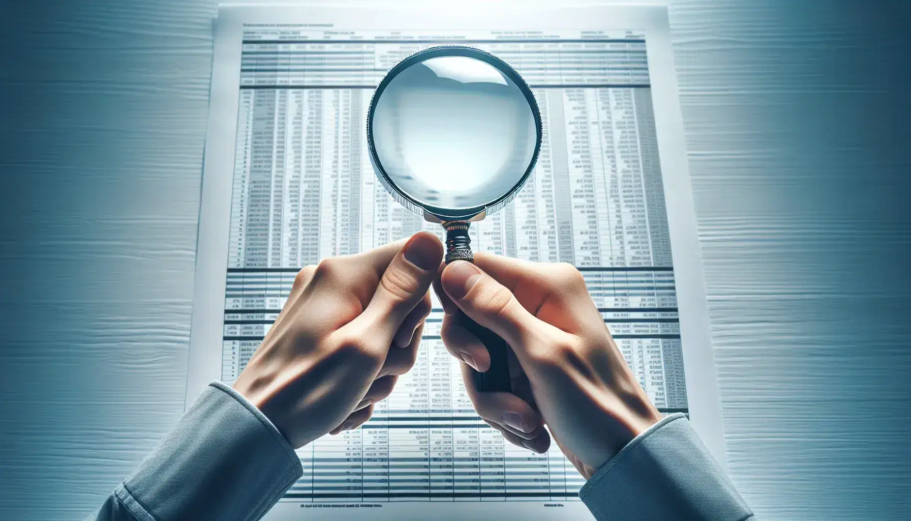Close-up of manicured hands holding a silver-rimmed magnifying glass over columnar financial documents on a soft blue-gray background.