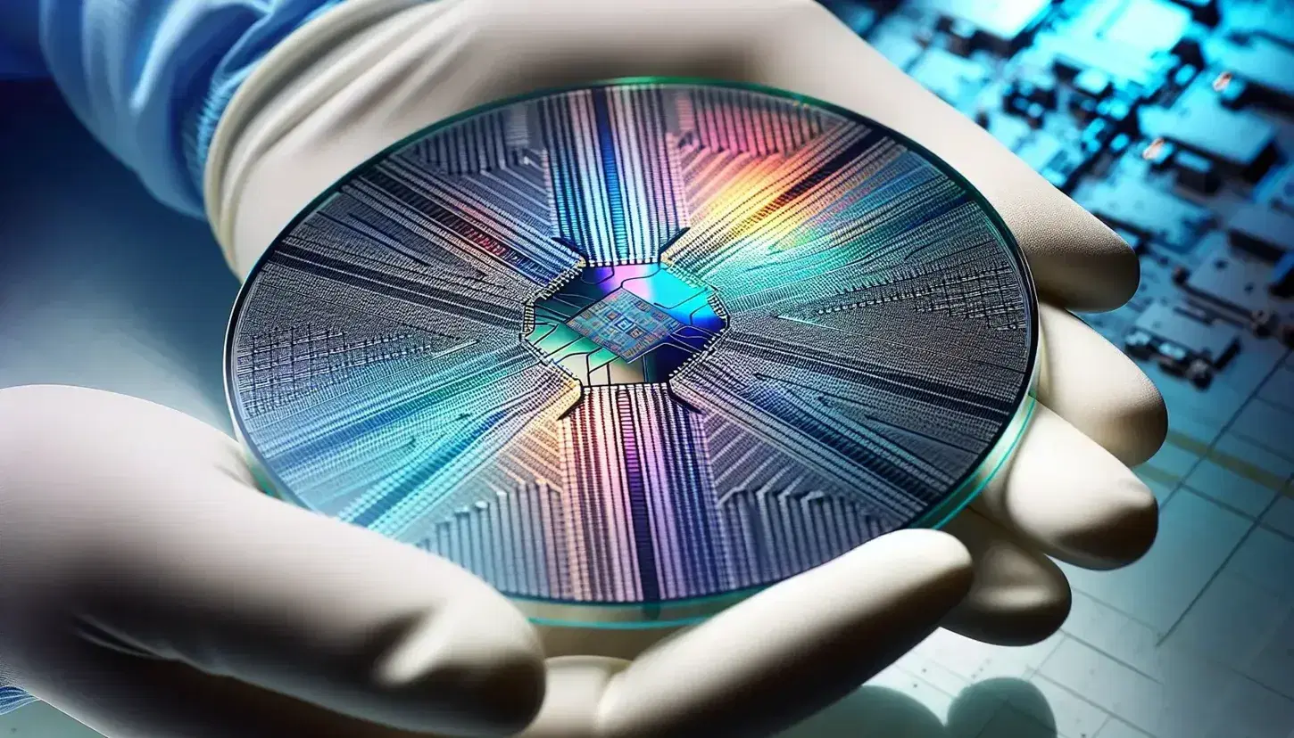 Close-up of a reflective circular silicon wafer with intricate circuitry etched into it, held by gloved hands in a controlled environment.