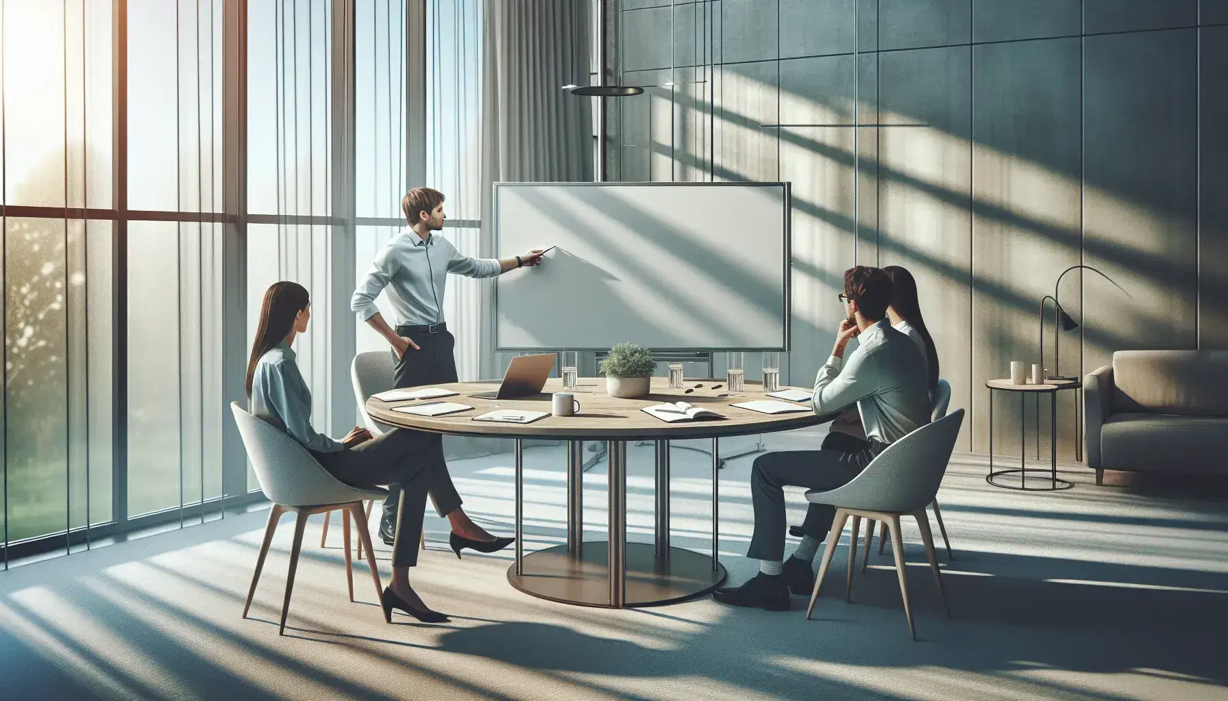 Three professionals collaborate around a table with a whiteboard, laptop, and stationery in a bright, modern office setting.