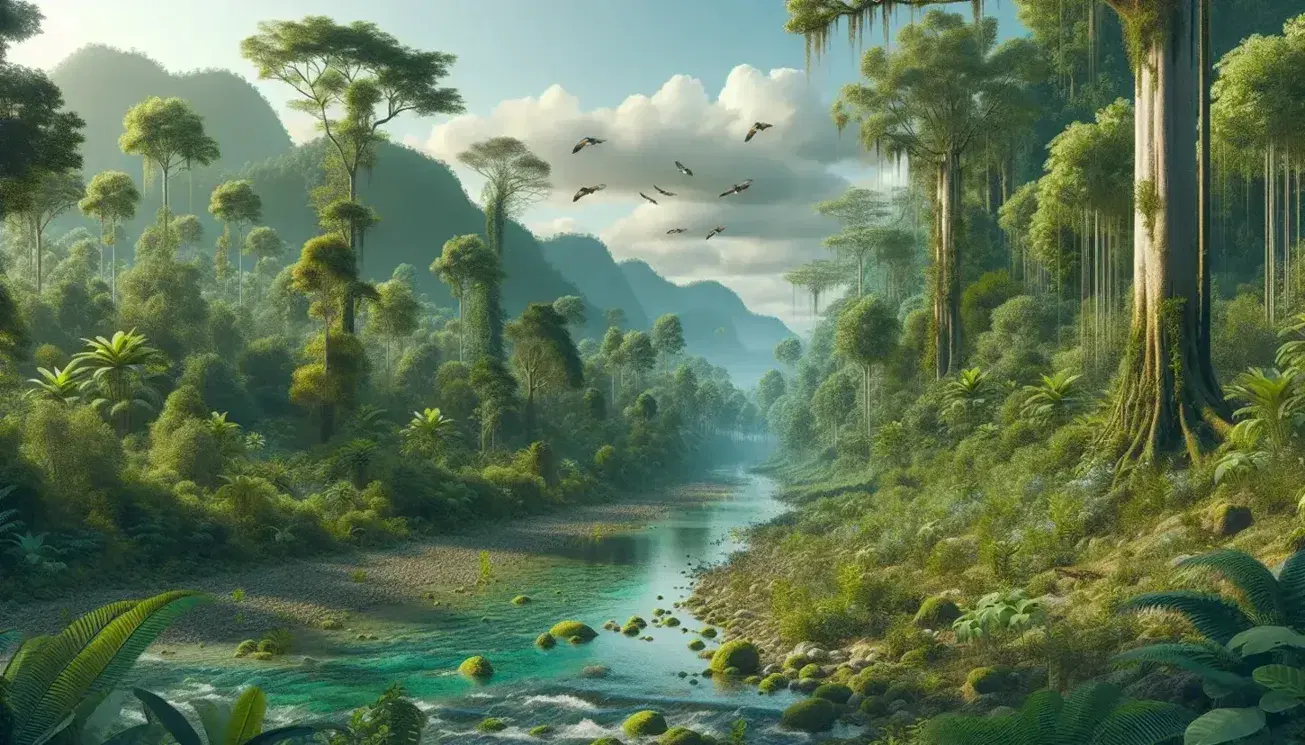 Paisaje de selva tropical húmeda con río de aguas claras, vegetación diversa, montañas al fondo y aves volando cerca del agua.