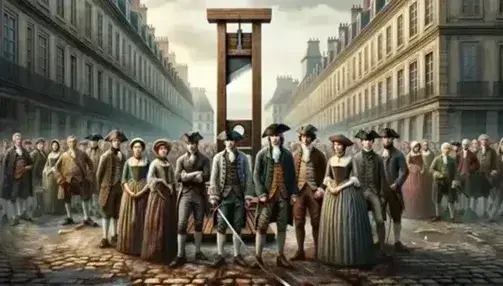 Scene from the French Revolution with citizens in period clothing and guillotine in the square surrounded by classical architecture.
