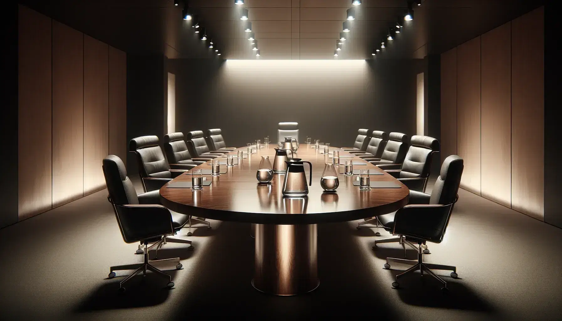 Polished oval wooden table with high-backed leather chairs in a corporate boardroom, glass water pitchers on table, city skyline visible through floor-to-ceiling window.