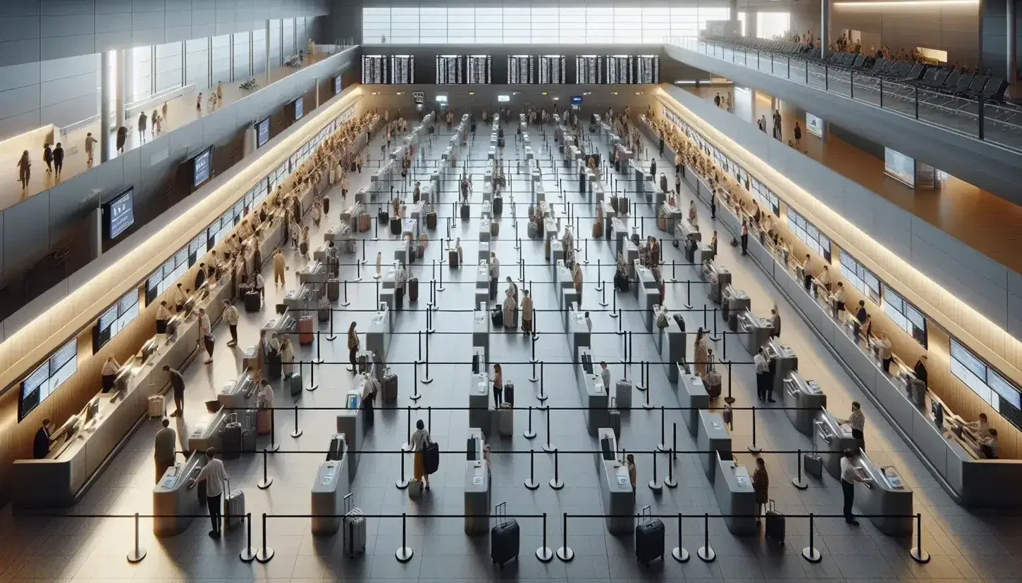 Vista aérea de mostradores de facturación en aeropuerto con personal atendiendo y pasajeros en filas organizadas por cintas retráctiles, equipaje en mano, iluminación de techo y ventanas.