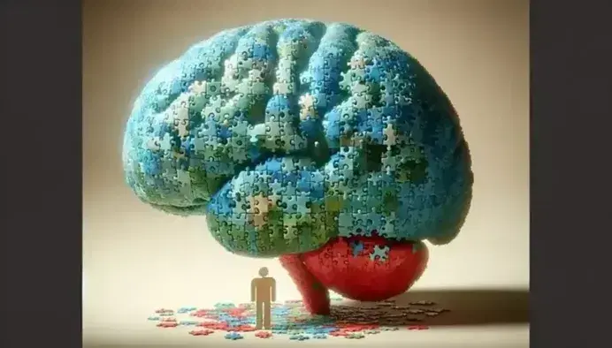 Human brain composed of blue and green jigsaw pieces with a distinct cluster of red, next to a golden puzzle piece figure reaching out, on a light beige background.