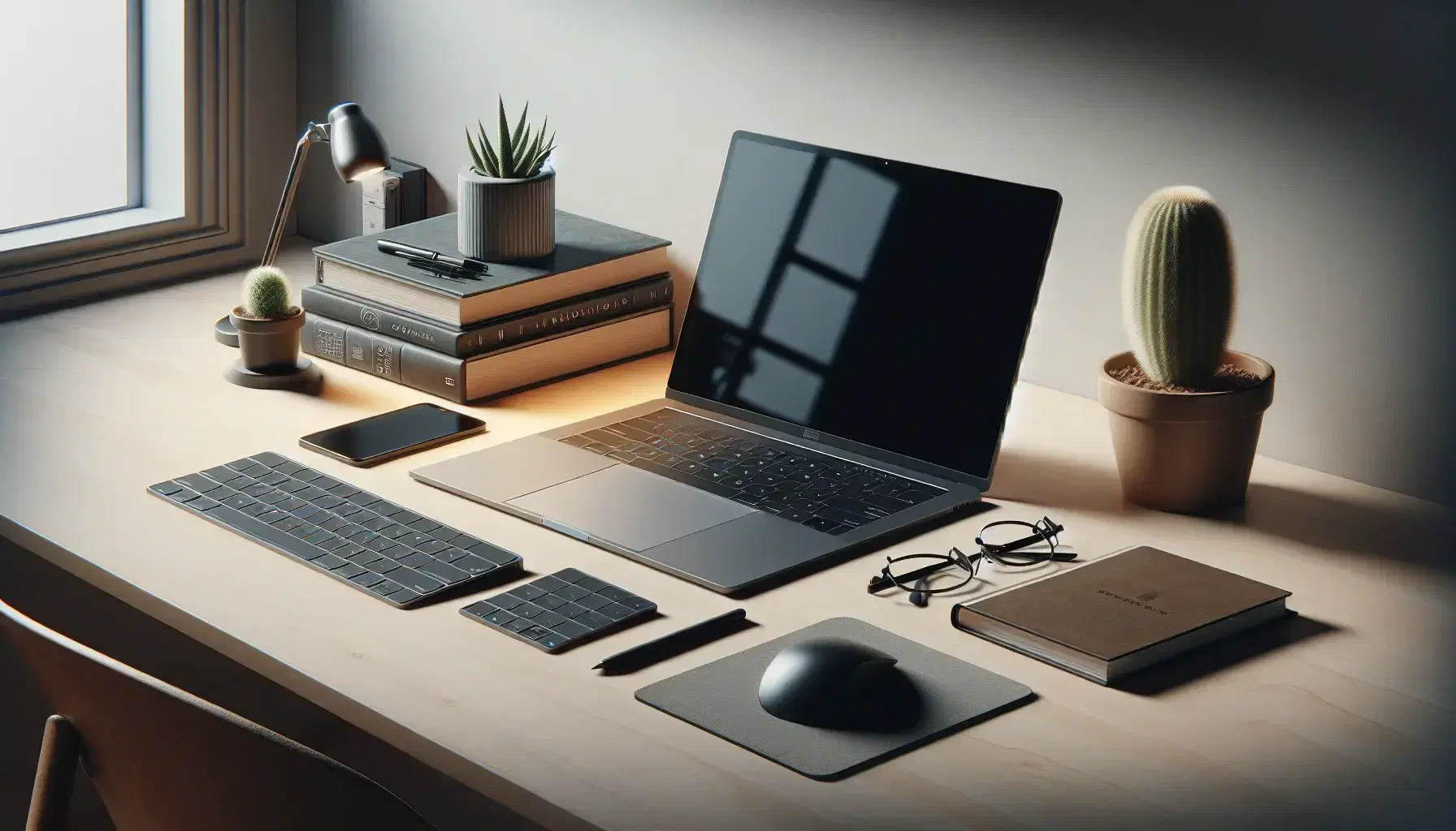 Scrivania in legno chiaro con laptop acceso, libro blu aperto, cactus, monitor spento, tastiera e mouse wireless, occhiali e penna stilografica.