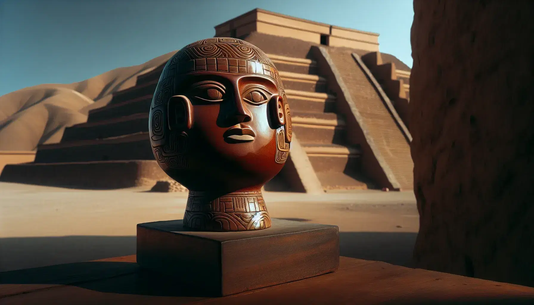 Vasija retrato de la cultura Mochica representando un rostro de élite, con base esférica y cuello cilíndrico, frente a una pirámide de adobe típica de las huacas mochicas bajo un cielo despejado.