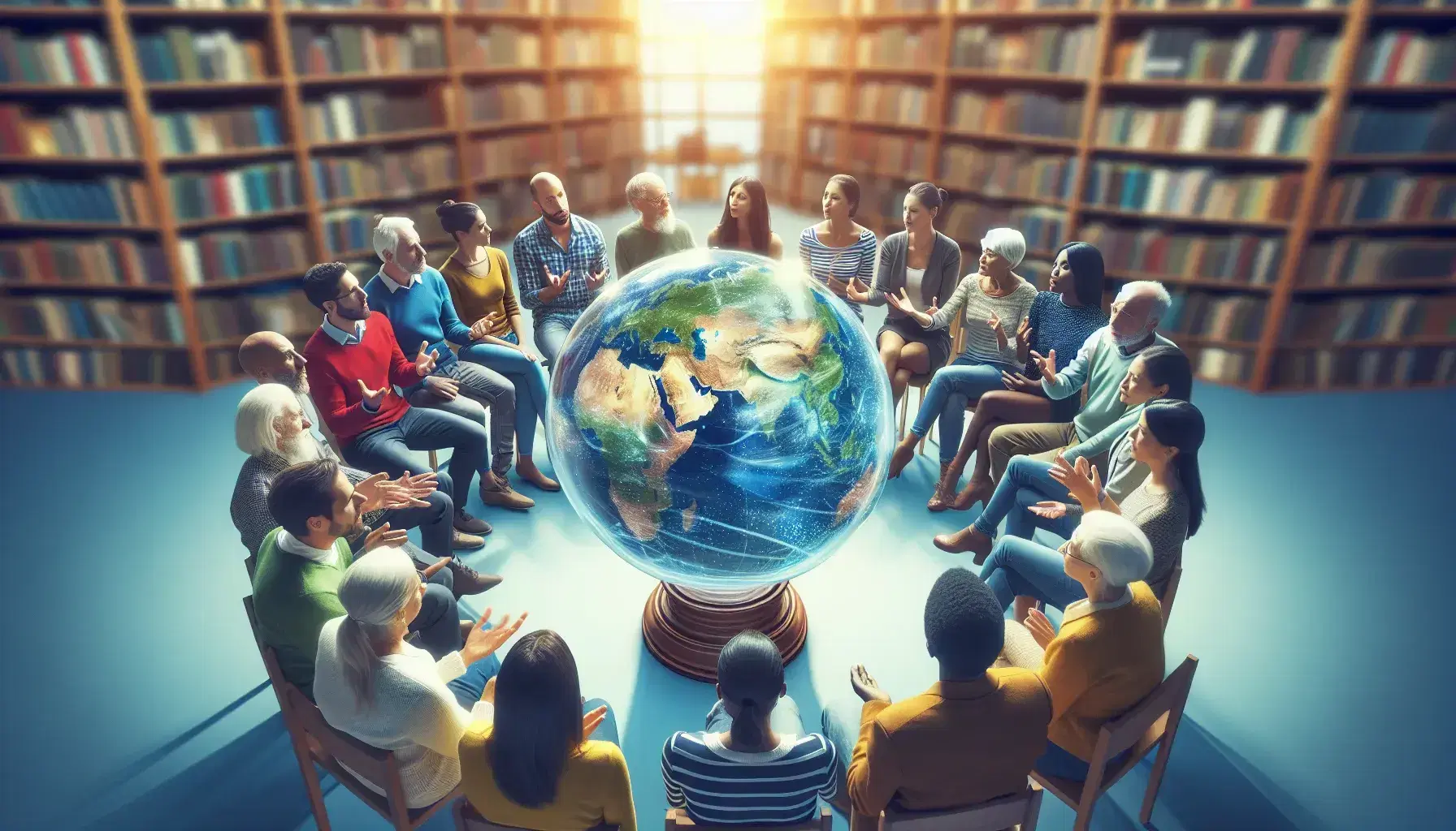 Multi-ethnic group of various ages in lively discussion sitting in a semicircle around a glass globe on wooden stand in a cozy library.