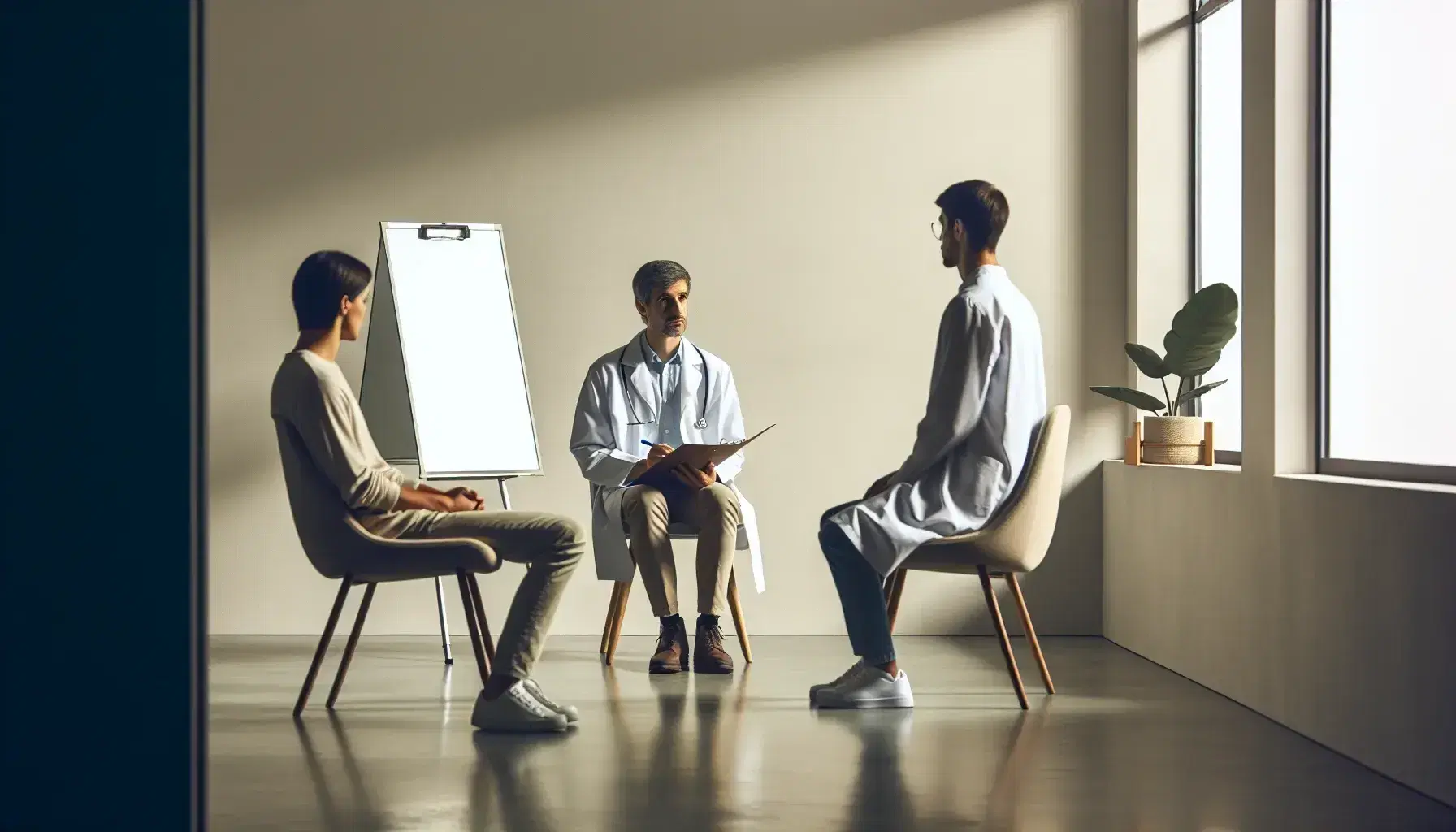 Profesionales de salud mental en consulta, con un psiquiatra atento y un paciente en diálogo, en un ambiente clínico sereno y bien iluminado.