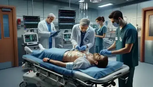 Team medico in emergenza soccorre paziente in ospedale, con monitoraggio cardiaco e preparazione attrezzature salvavita.