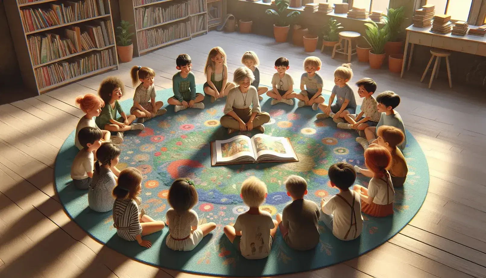 Bambini attenti seduti in cerchio su tappeto colorato ascoltano adulto che legge libro illustrato in biblioteca luminosa.
