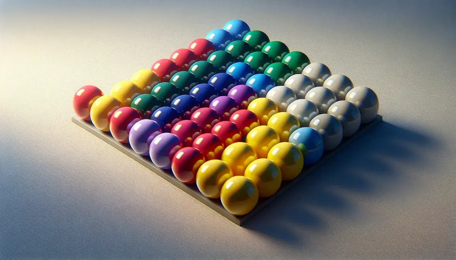 Colorful balls in a grid pattern with no repeating colors in rows or columns on a light gray surface, reflecting soft light and casting gentle shadows.