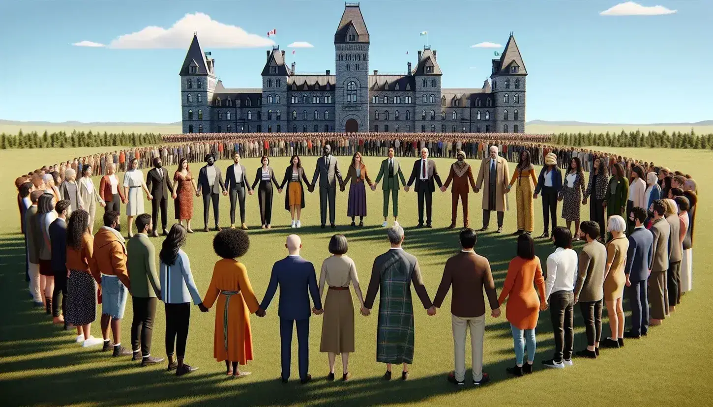 Diverse group holding hands in a circle on a grassy field, with a historic stone building in the background under a clear blue sky.