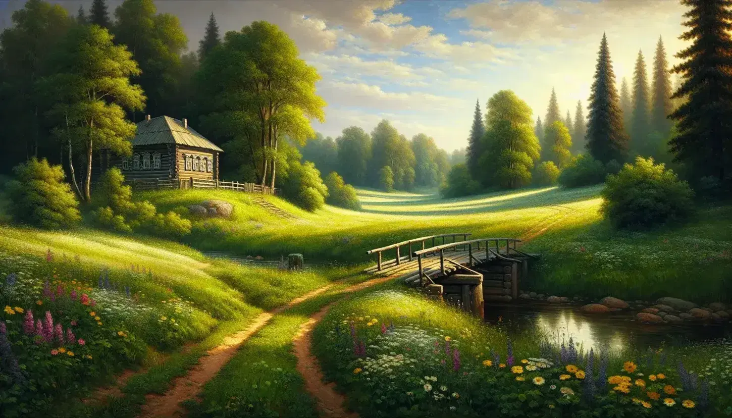 Serene rural landscape with a lush meadow, wildflowers, a wooden bridge over a stream, a traditional Russian izba, and a grove of trees under a clear sky.