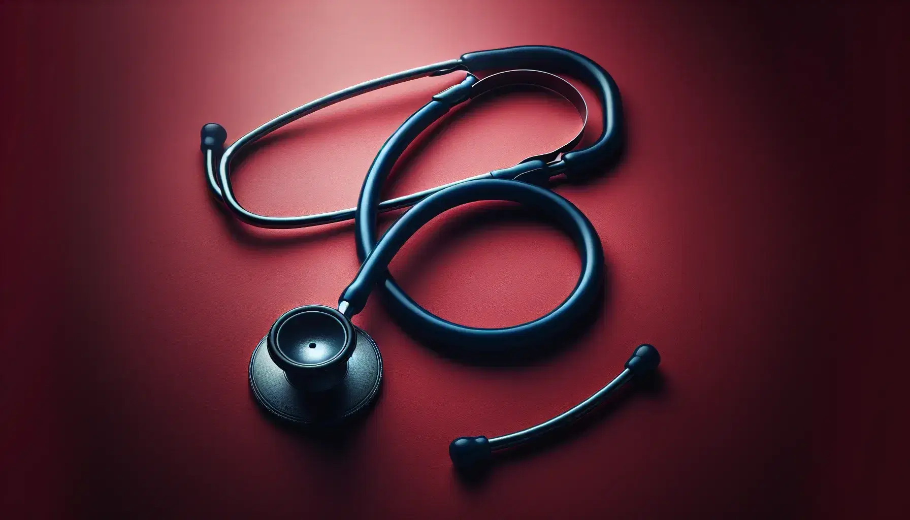Estetoscopio con tubo azul oscuro y campana metálica sobre fondo rojo intenso, destacando su uso en la auscultación médica.