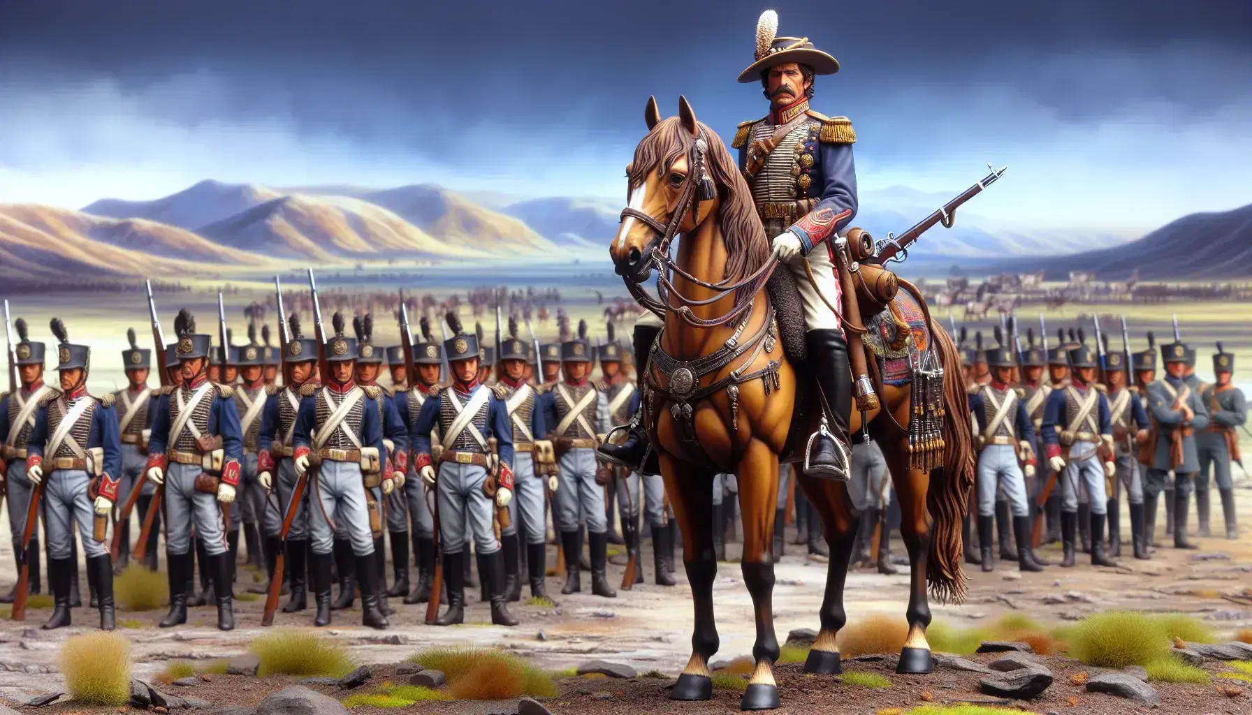 Grupo de figuras en uniformes de campaña militar del siglo XIX en Sudamérica, con un jinete al frente y soldados en fila en un paisaje montañoso y neblinoso.