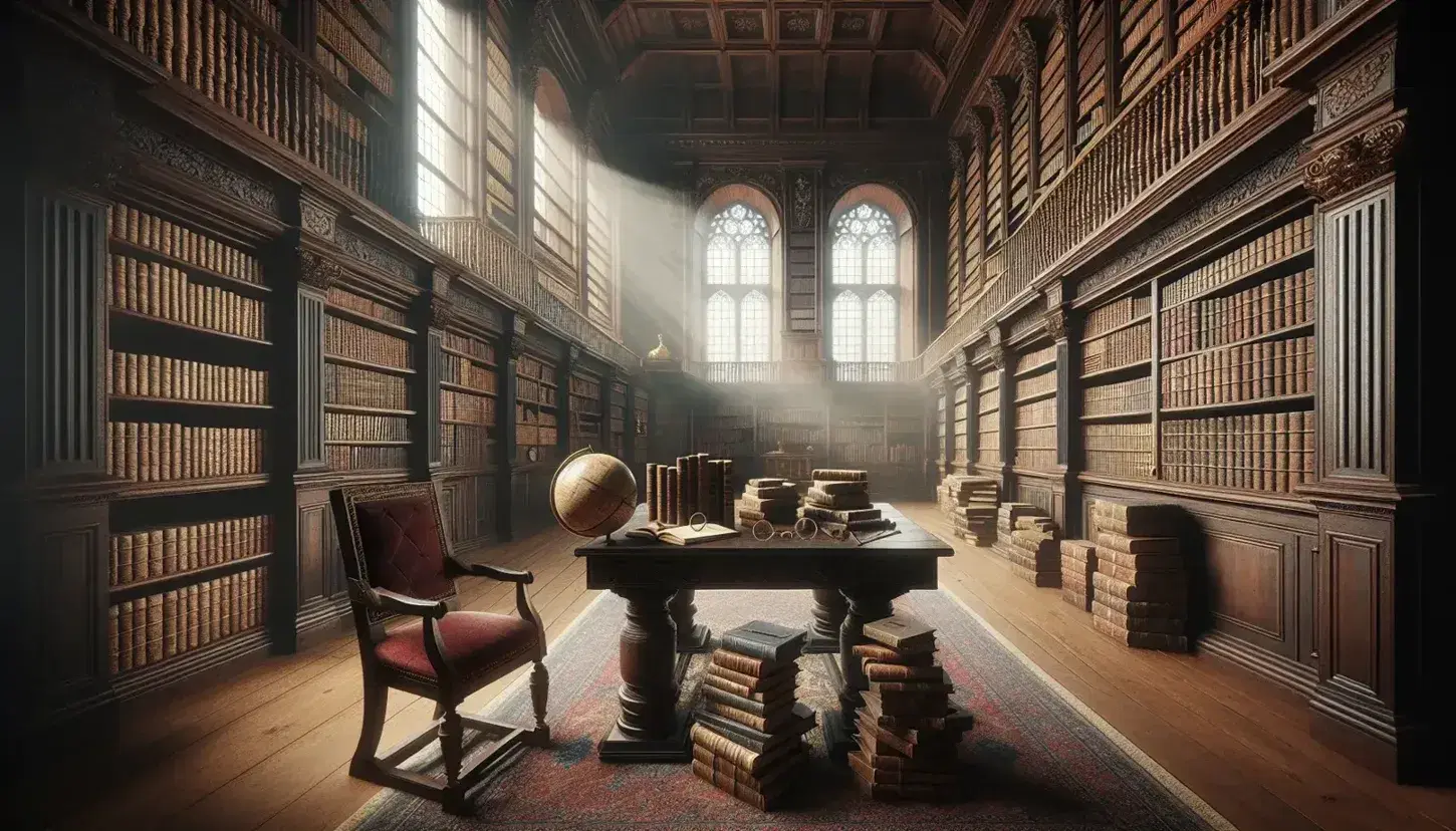 Biblioteca antigua con estanterías de madera oscura llenas de libros, mesa central con libros abiertos, globo antiguo y lentes, luz natural y silla con asiento de terciopelo rojo.