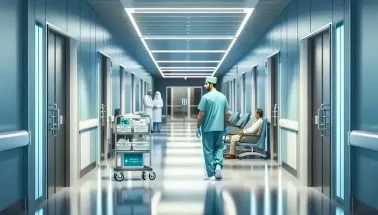 Modern hospital corridor with blue walls, glossy floor, healthcare professional pushing a trolley, and two people conversing near ergonomic seating.